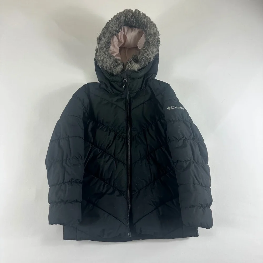 Columbia Kids Black Puffer Jacket Hooded Faux Fur Trim Size‎ 7 8